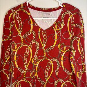 TALBOTS TEE V-Neck Womens S Chain Link Rope Orange Gold Stretch 3/4 Sleeve